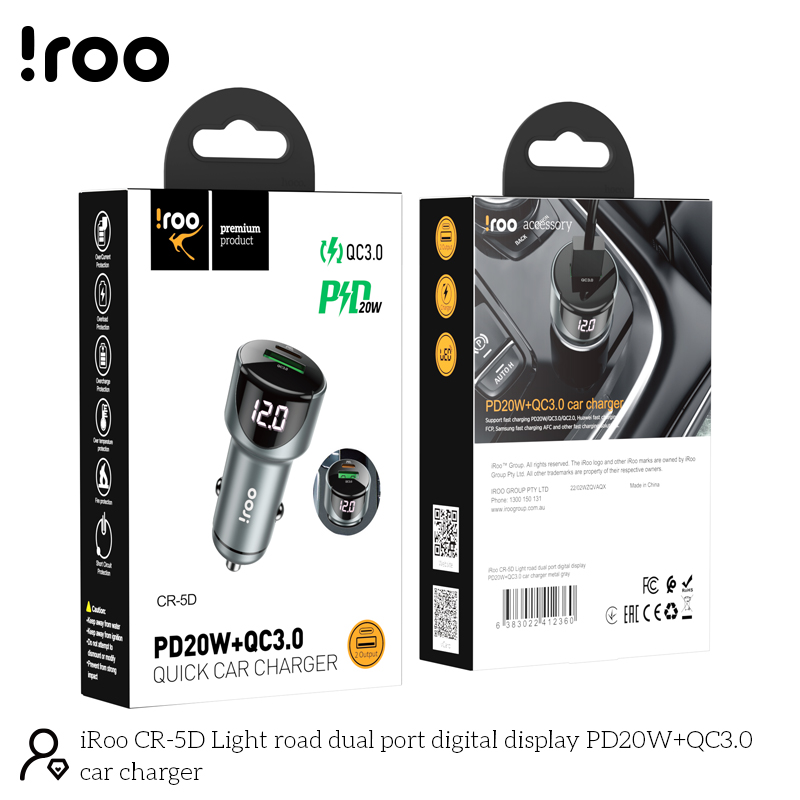 iRoo CR-5D | Fast 20W PD+QC3.0 Strong Metal Dual Ports Car Charger
