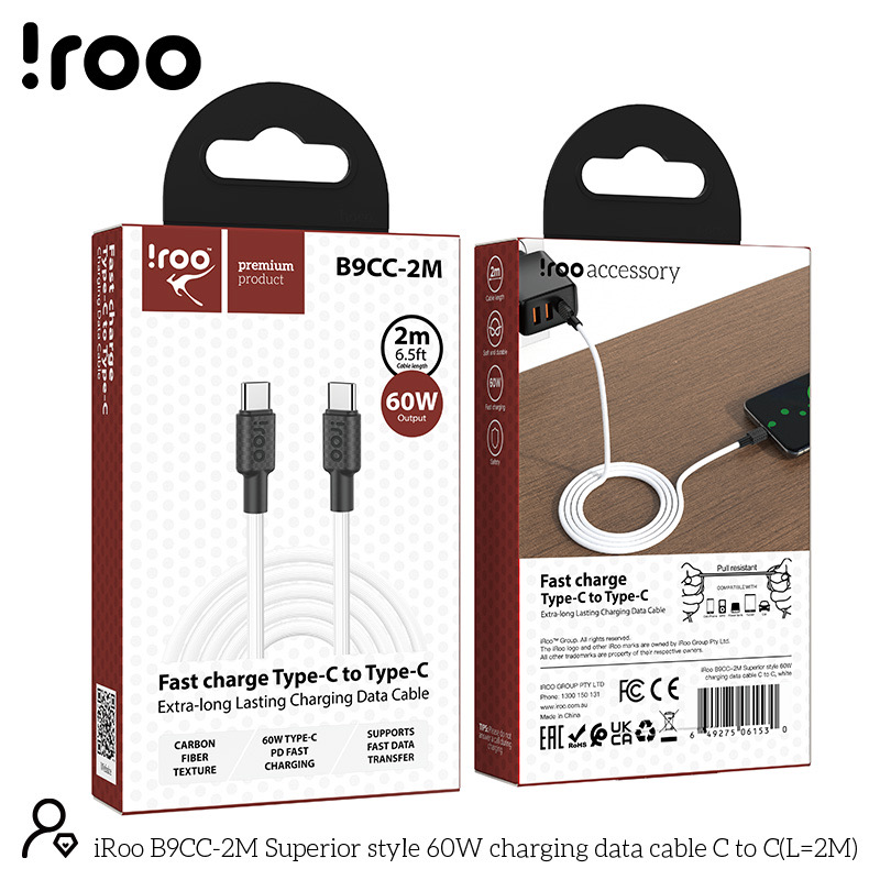 iRoo B9CC 2M Carbon Fiber Texture | PD 60W Fast Charging Type-C to Type-C Cable - 2M