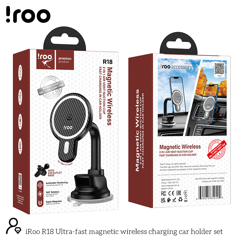 iRoo R18 MagSafe | 15W Wireless 2in1 Air Vent/Windscreen Charger Holder (Universal)