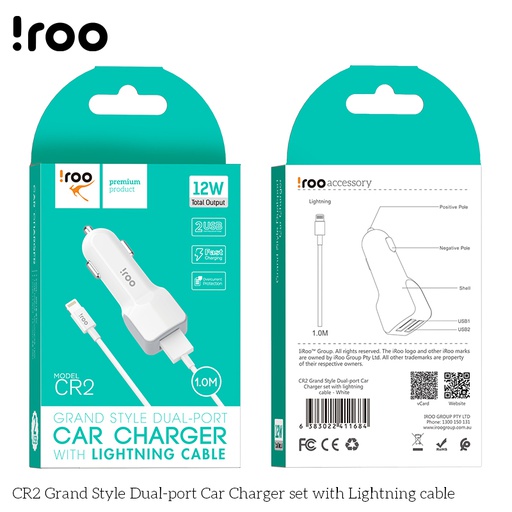 iRoo CR2 Dual Ports 2.4A 12W Car Charger | /w Lightning Cable