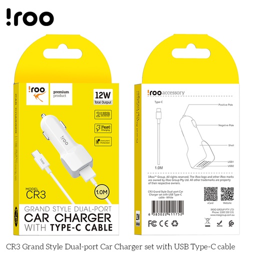iRoo CR3 Dual Ports 2.4A 12W Car Charger | /w Type-C Cable