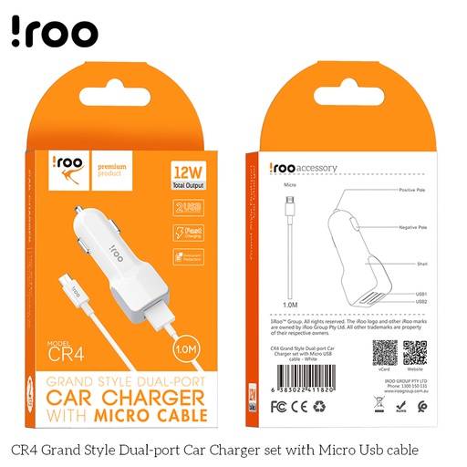 iRoo CR4 Dual Ports 2.4A 12W Car Charger | /w Micro Cable
