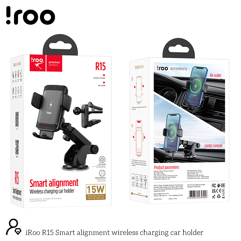 iRoo R15 | Fast 15W Smart Alignment Wireless Charging Windscreen/Dashboard Holder